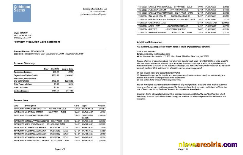 USA Goldman Sachs bank Premium Visa Debit Card statement Word and PDF